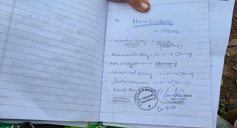 Hoja de cuaderno con datos médicos y medicamentos, incluyendo nombre 'María Gutiérrez', sin personas visibles.
