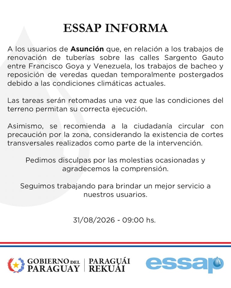 Comunicado de la Essap ante los reclamos de los usuarios y vecinos de Sargento Gauto.