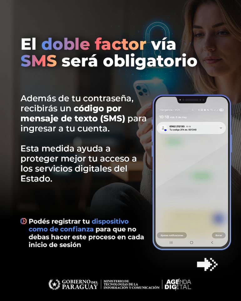 El MITIC informa que el doble factor vía SMS ahora será obligatorio.