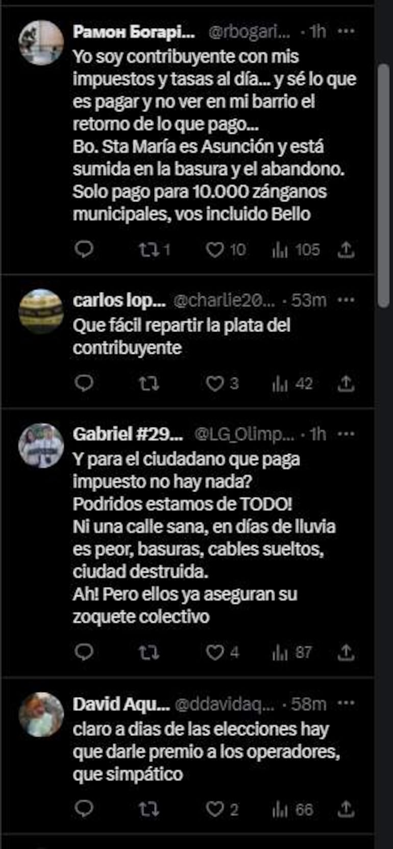 Comentarios de usuarios en redes sociales expresando frustración por la falta de servicios básicos en Asunción.