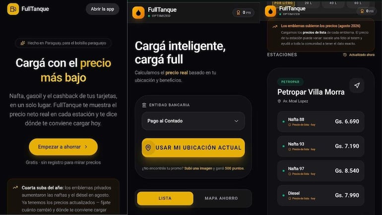 Interfaz de la app FullTanque mostrando precios y opciones para calcular costos de combustibles.