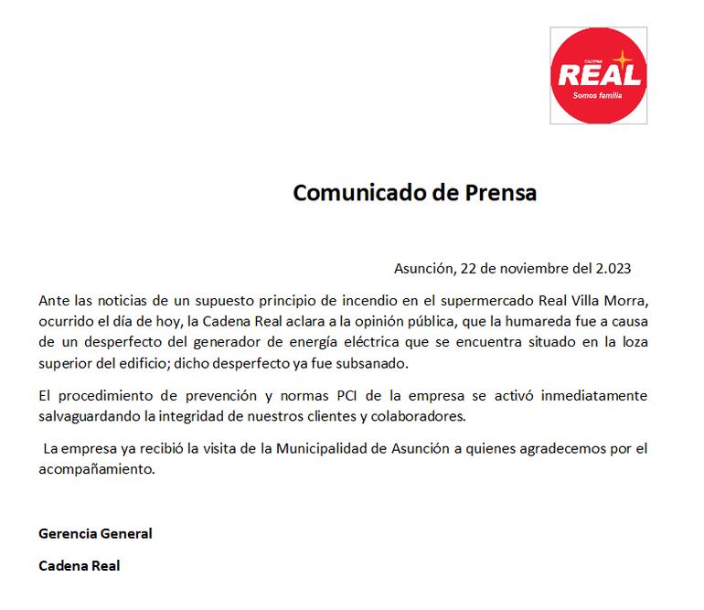 Comunicado del supermercado Real sobre incendio que afectó al local de Villa Morra de Asunción.