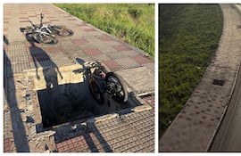 Un niño, que circulaba en su bicicleta, terminó cayendo dentro de un enorme pozo de concreto ubicado en plena vereda de la Costanera de Asunción.