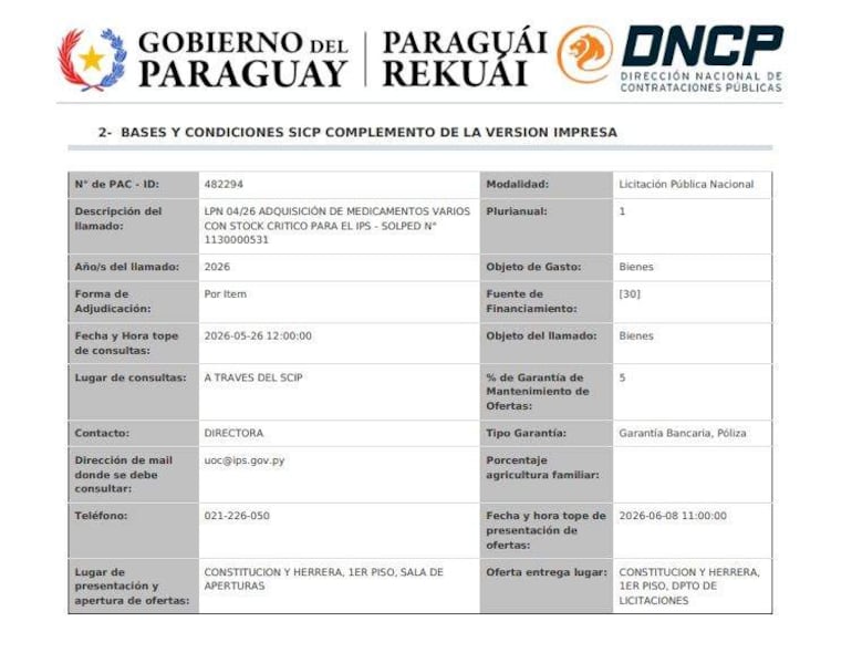 Documento oficial sobre la licitación pública en la cual se cita la fecha de recepción de ofertas.