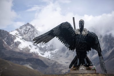 Fotografía del monumento a un cóndor andino frente al monte nevado Huayna Potosí el 1 de marzo de 2026 en El Alto (Bolivia). Un ascenso a casi 5.000 metros sobre el nivel del mar entre acueductos que transportan agua glaciar se ha convertido en uno de los atractivos turísticos que cautiva a visitantes extranjeros y locales en Bolivia, en una ruta ubicada en el nevado Chacaltaya, frente al imponente Huayna Potosí, cuya cima alcanza los 6.094 metros de altitud.