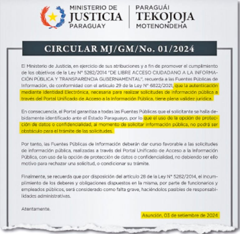 Comunicado del Ministerio de Justicia  sobre la validez jurídica de la identidad electrónica.