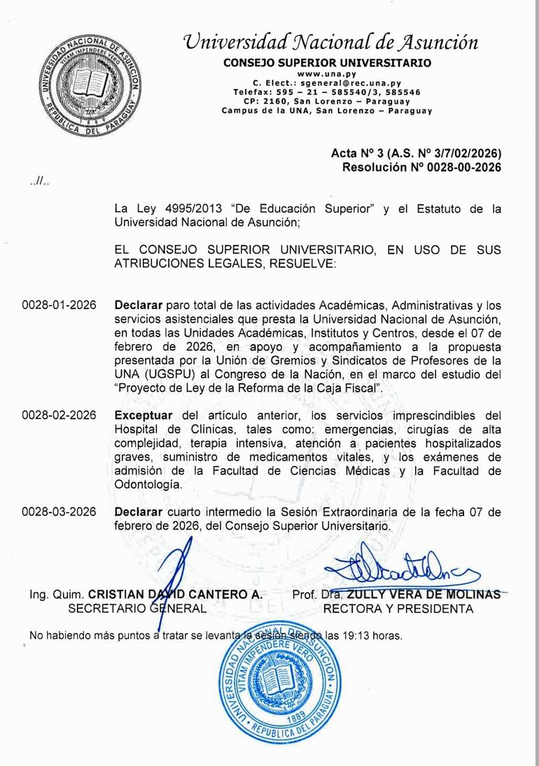 Declaración de paro total en la UNA.