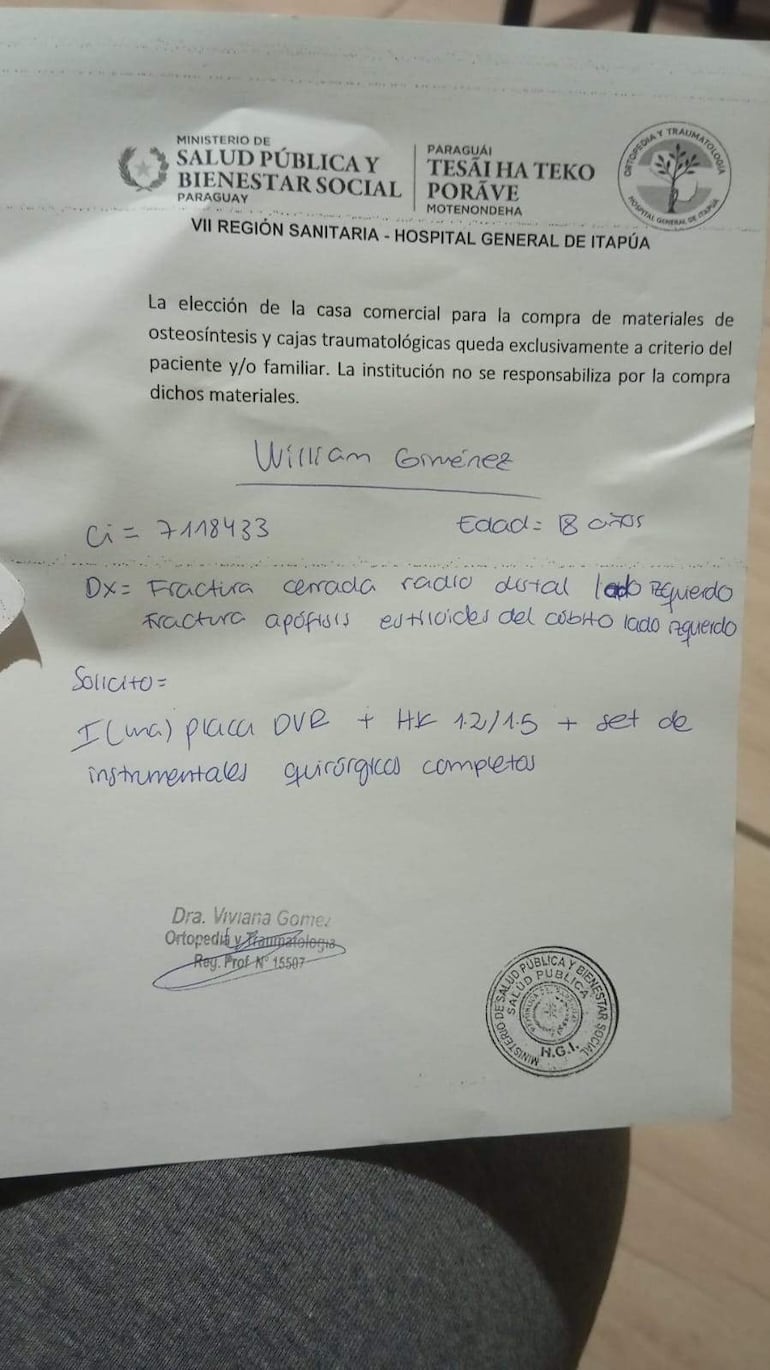 William Giménez, necesita reunir G. 4.400.000 para costear la compra de un platino que será utilizado en una intervención quirúrgica.