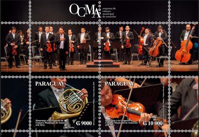 Nueva emisión postal de homenaje a la Orquesta de Cámara Municipal de Asunción (OCMA) realizada por del departamento de Filatelia del Correo Paraguayo.