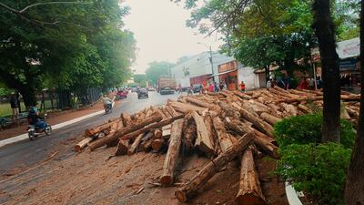 Parte de la carga de rollo de eucalipto cayó sobre la calzada y fue a colisionar contra un carrito de lomitería y dos motocicletas.