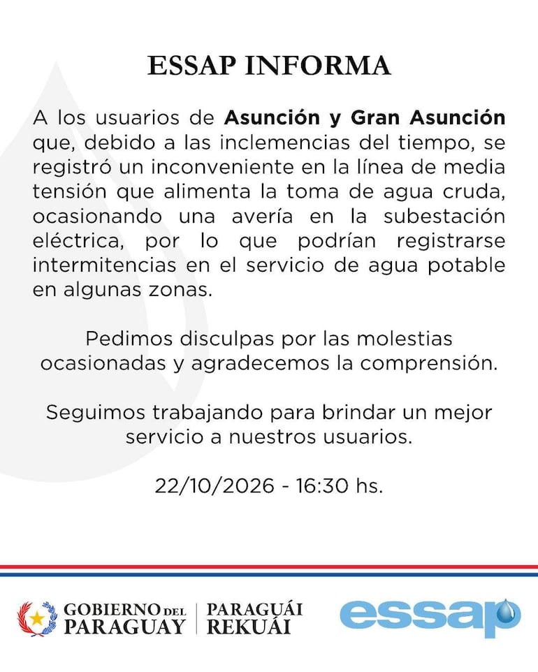 Comunicado de ESSAP sobre problemas en el suministro de agua, con detalles sobre la avería por mal tiempo.