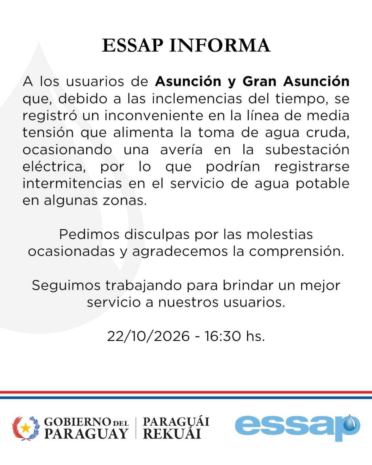 ¿Te quedaste sin agua? Essap advierte sobre intermitencias en Asunción y Gran Asunción ¿Te quedaste sin agua? Essap advierte sobre intermitencias en Asunción y Gran Asunción