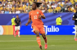 El marfileño Elye Wahi en acción durante el partido de la fase de grupos de la Copa Mundial de la FIFA 2026 entre Costa de Marfil y Ecuador, en Filadelfia, Pensilvania, EE. UU.