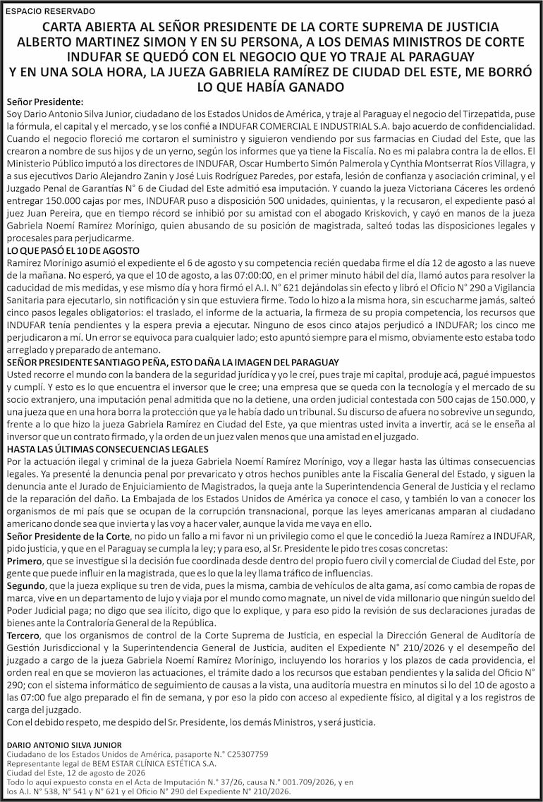 CARTA ABIERTA AL SEÑOR PRESIDENTE DE LA CORTE SUPREMA DE JUSTICIA,
ALBERTO MARTÍNEZ SIMON Y EN SU PERSONA, A LOS DEMÁS MINISTROS DE CORTE.