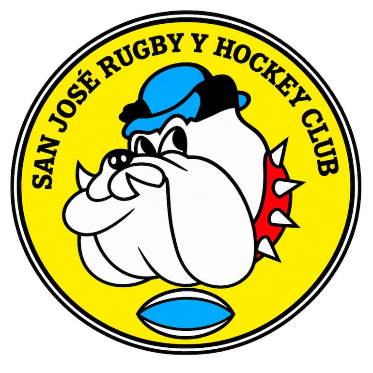 Logo del San José Rugby y Hockey Club con un bulldog en sombrero azul sobre fondo amarillo.