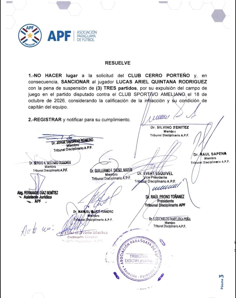 El Tribunal Disciplinario rechazó el pedido presentado por el Club Cerro Porteño.