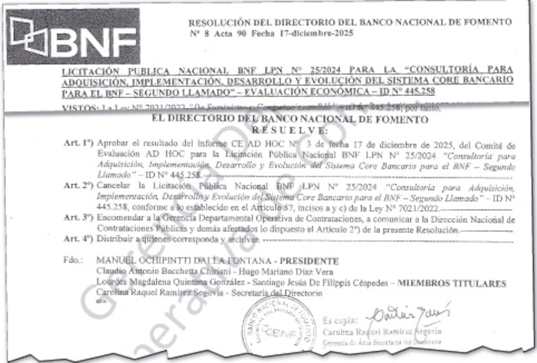 Resolución del Directorio del BNF que cancela la cuestionada licitación del core bancario.