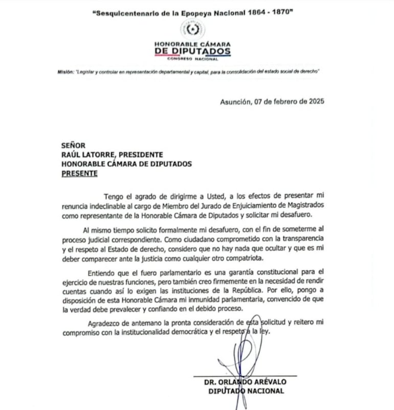 Renuncia de Orlando Arévalo al JEM y pedido de desfuero