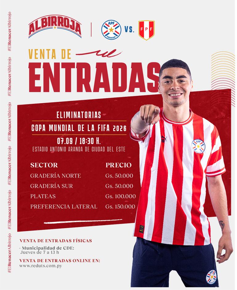 Los sectores habilitados y los precios de las entradas de una remanente para el partido entre Paraguay y Perú en Ciudad del Este.