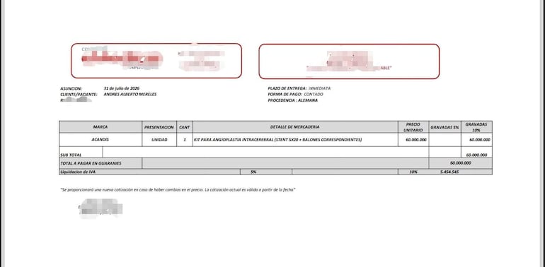 Documento de cotización médica con detalles financieros sobre un kit para angioplastia intracerebral, en formato administrativo.