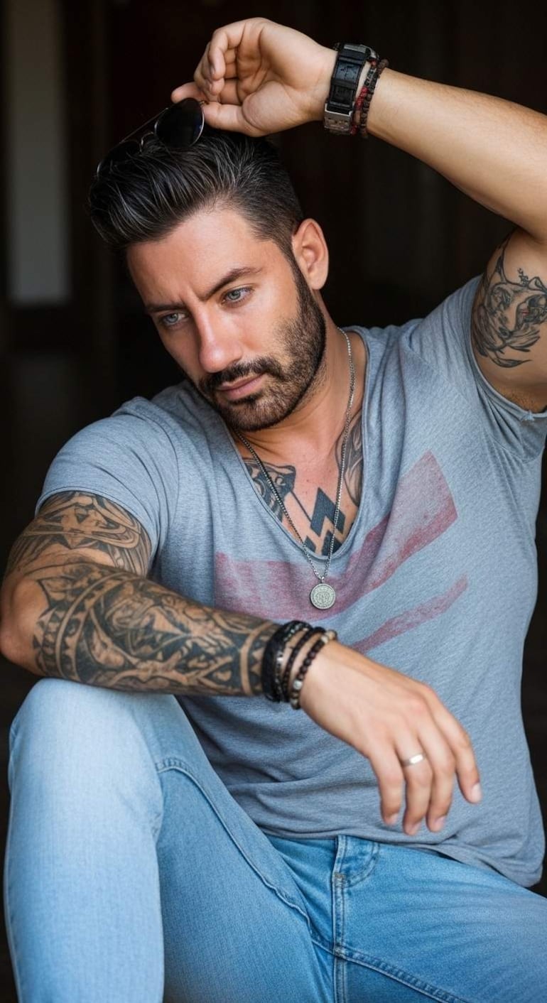 Daniel Dueñas, con barba cuidada y tatuajes, viste camiseta gris y jeans claros, sosteniendo gafas de sol en un ambiente casual.