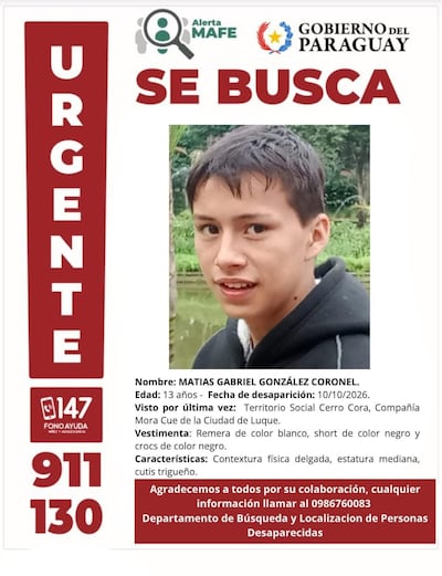 Matías Gabriel González Coronel, 13 años, uno de los que está siendo buscado por las autoridades.