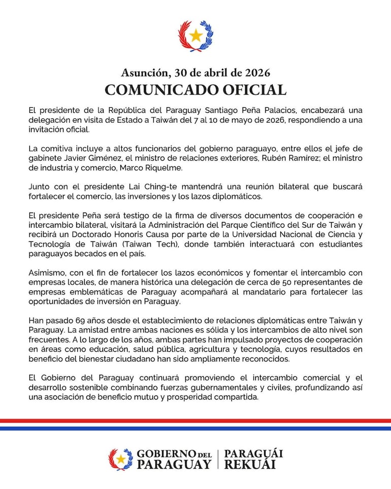 Comunicado de la Presidencia de la República.