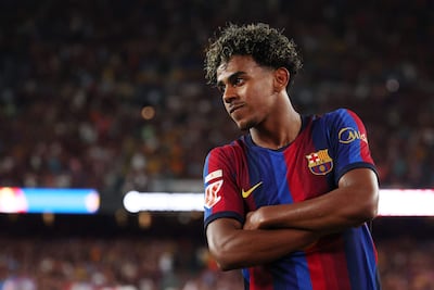 Barcelona's Spanish forward #10 Lamine Yamal celebrates scoring his team's fifth goal during the Spanish league football match between FC Barcelona and Rayo Vallecano de Madrid at Camp Nou Stadium in Barcelona on August 31, 2026. (Photo by Lluis GENE / AFP)