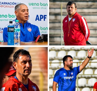 Entrenadores de Encarnación FC en la temporada 2026, Héctor Marecos (abajo a la derecha), Julio César Cabrera (encima), Germán Gamarra (abajo a la izquierda) y Pablo Caballero.