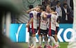 Los jugadores de Cerro Porteño festejan un gol en el partido frente a Palmeiras por la ida de los octavos de final de la Copa Libertadores 2026 en el estadio Nubank Arena, en São Paulo, Brasil.