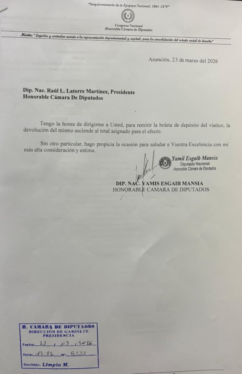 Nota de Yamil Esgaib presentada en la fecha comunicando la devolución del viático.