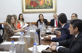 Dalia Marlene Estigarribia en blusa de colores, concentrada, mientras Daniel Fernando Centurión González dialoga en reunión con otros participantes alrededor de una mesa de la Comisión de Presupuesto de la Cámara Baja.