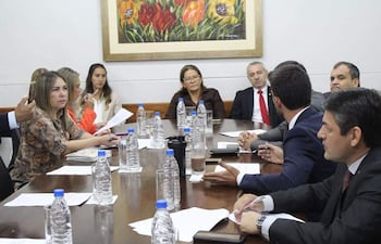 Dalia Marlene Estigarribia en blusa de colores, concentrada, mientras Daniel Fernando Centurión González dialoga en reunión con otros participantes alrededor de una mesa de la Comisión de Presupuesto de la Cámara Baja.
