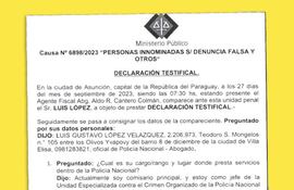 Parte de la declaración del comisario Luis López, fechada el 27 de septiembre de 2023 con la firma del fiscal Aldo Cantero.