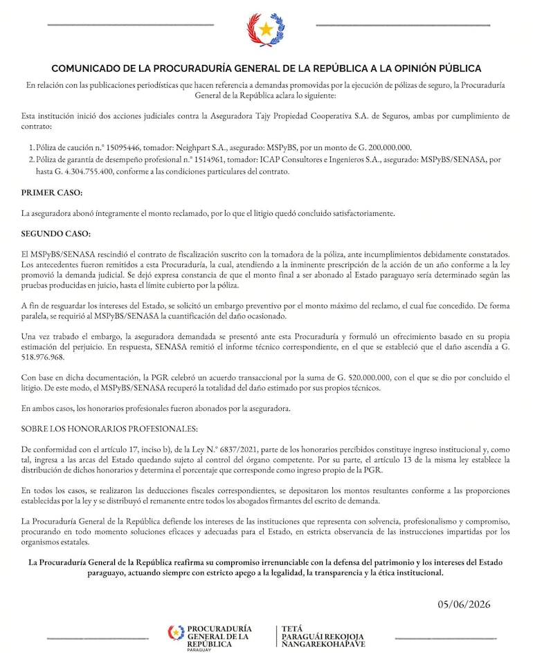 Comunicado oficial de la Procuraduría General de la República con texto sobre acciones legales contra aseguradoras, sin imágenes de personas.