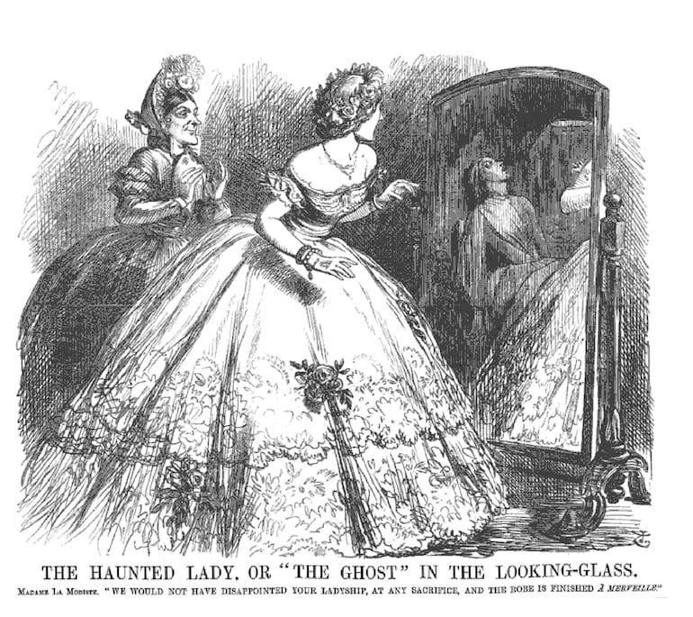 "The Haunted Lady, or The Ghost in the Looking Glass", ilustración de John Tenniel para un artículo sobre la muerte de Mary Anne Walkley. "The Punch", 4 de julio de 1863