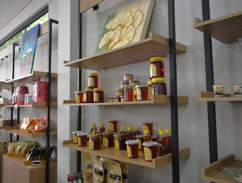 Tienda con estantes de madera llenos de productos locales como frascos de miel, ambientada con arte en las paredes.