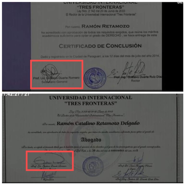 Dos diplomas de abogado de Ramón Retamozo en documentos universitarios con firmas de autoridades académicas.