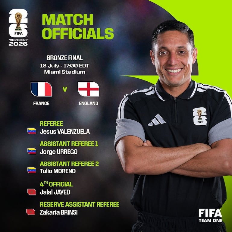 El equipo arbitral que tendrá a su cargo el partido por el tercer puesto del Mundial 2026, entre Francia e Inglaterra, que será liderado por el venezolano Jesús Valenzuela.