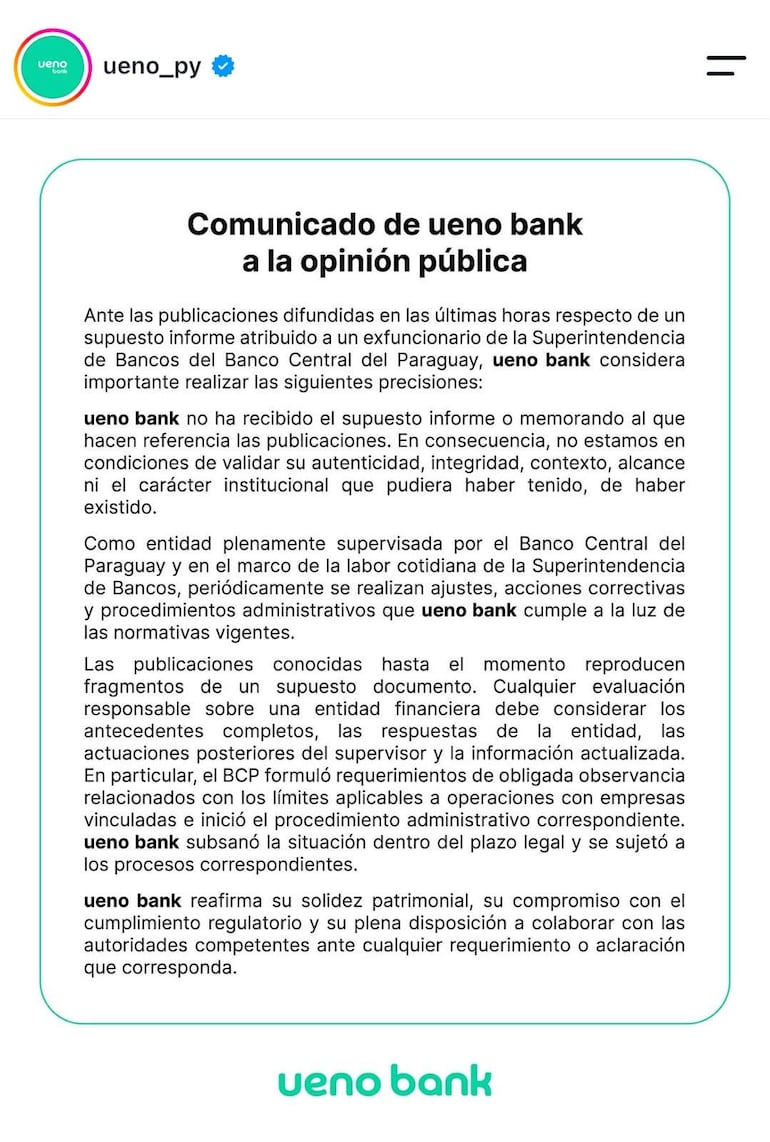 Comunicado de ueno bank con texto claro sobre la no recepción de informes, en un diseño gráfico profesional.