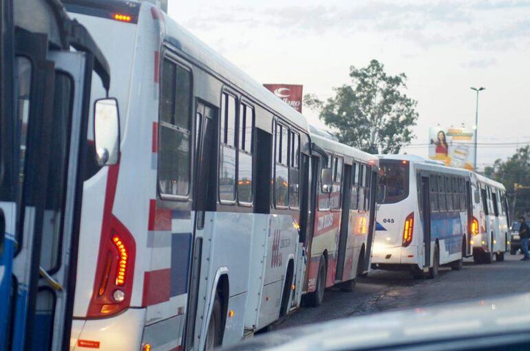 Autobuses de distintos colores estacionados en una calle urbana, sin personas visibles en el entorno.
