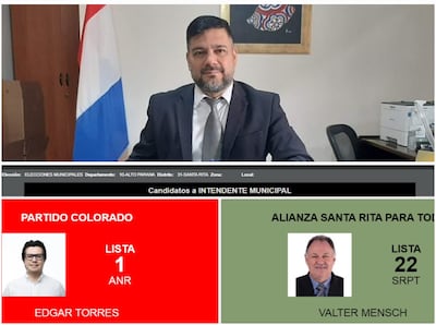 Arriba el juez electoral Pedro Guzmán. Abajo los candidatos a intendente de Santa Rita Edgar Torres y Valter Mensch.