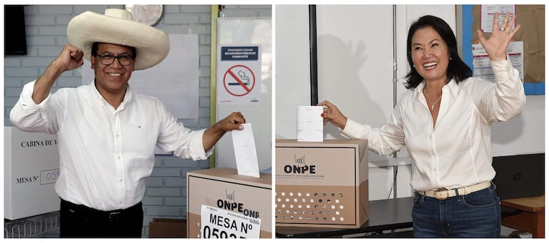 Los candidatos presidenciales en Perú: Roberto Sanchez (i) y Keiko Fujimori (d).