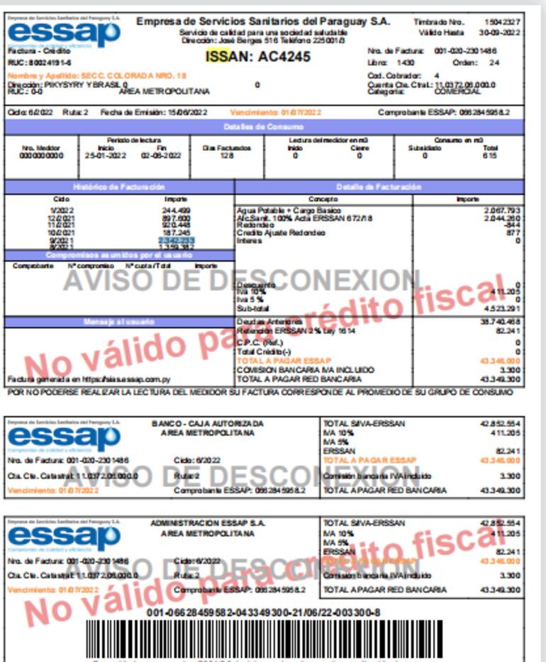 Factura de la Essap, correspondiente a la seccional colorada Nº 18. (gentileza).