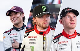 Los pilotos del Mundial de Rally de Toyota: Takamoto Katsuta, Oliver Solberg y Elliott Edmondson.