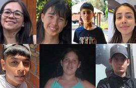 Collage de ocho personas, algunas sonrientes, mostrando rostros de desaparecidos en un ambiente interior y exterior.