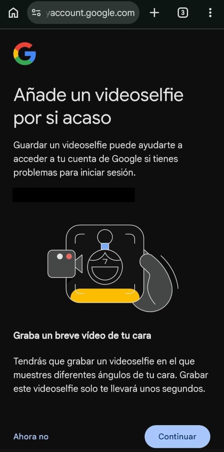 Interfaz de usuario de Google mostrando instrucciones para grabar un videoselfie.