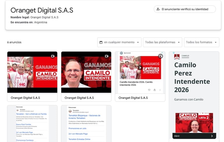 Los anuncios de Camilo Pérez corrieron por Google y Youtube a través de “satélite” de Azafrán SA.