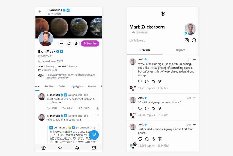 Las cuentas de Elon Musk en Twitter y la de Mark Zuckerberg en Threads, la nueva red social de microblogging de su empresa Meta. 