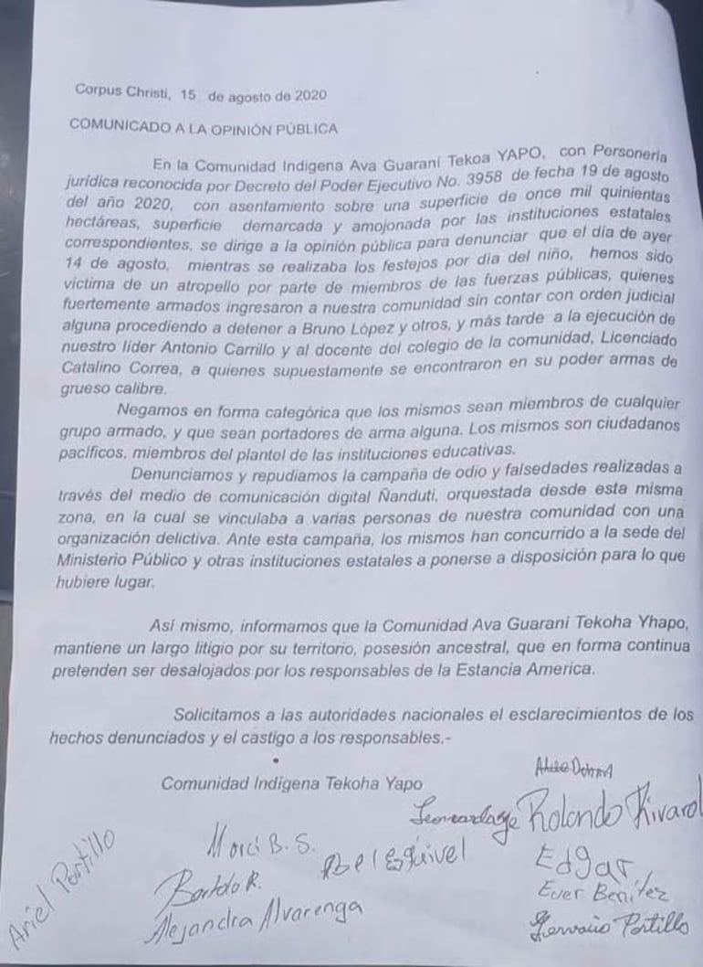 Comunicado de la Comunidad Indigena Ava Guaraní Tekoa Yapo.